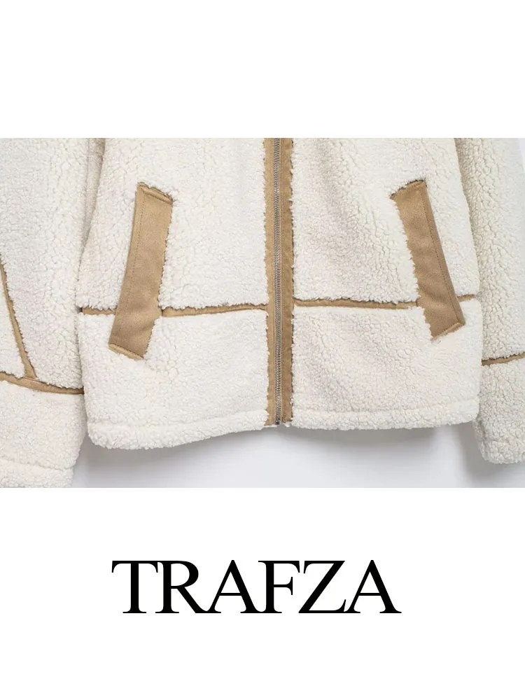 TRAFZA-Casaco elegante grosso quente das mulheres, lapela de inverno, manga comprida, bolso, zíper decorar, jaqueta estilo casual, estilo streetwear