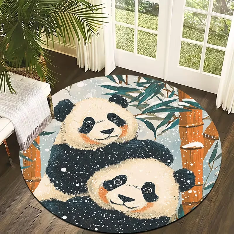 Cute Twin Panda Snow Bamboo Round Rug Winter Theme Non Slip Circular Mat Soft Animal Carpet for Bedroom Living Room
