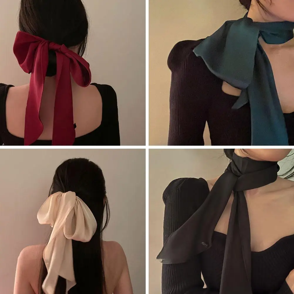 Solid Color Women Narrow Long Scarf Long Neckerchief Hair Choker Satin Silk Headband Scrunchies Ribbon Chiffon Scarf Hair S D8T4