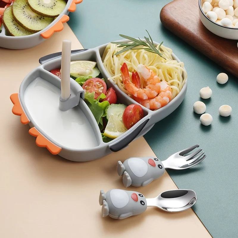 Creative Children\'s Silicon Plastic Date 304 Stainless Steel Cartoon Penguin Spoon Fork Strifice Bib