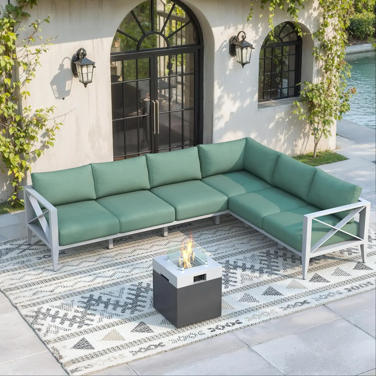 7-Piece Aluminum Outdoor Patio Furniture Set with Firepit Table, Customized