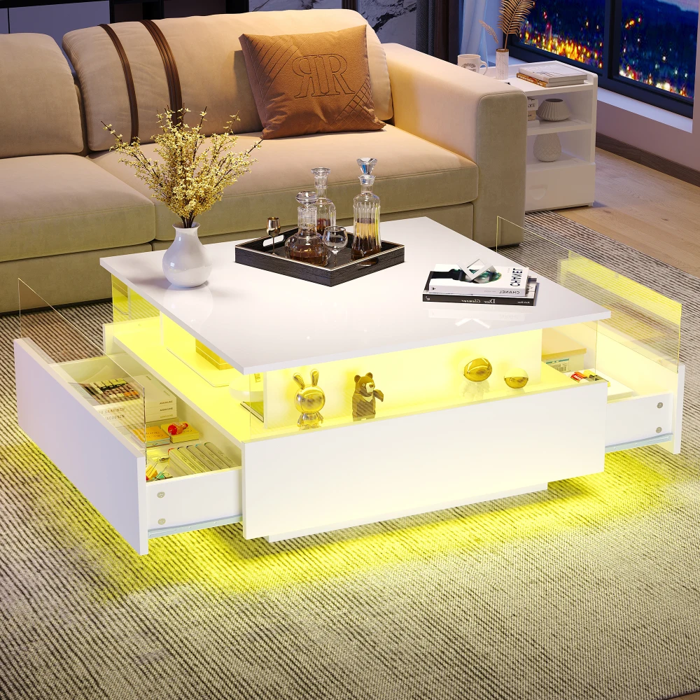 70 x 70 x 41 cm großer moderner Hochglanz-LED-Couchtisch mit 2 Schubladen und transparentem Präsentationsbereich, belastbar bis zu 30 kg – Detail 28