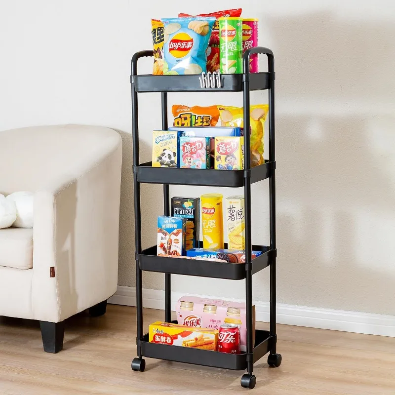 4 Tier Rolling Cart with Wheels and Handle,Rolling Storage Cart for Office, Living Room, Laundry Room,Kitchen,Bathroom,Black