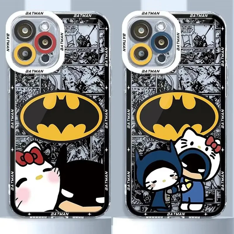 Cute Batmans Hello Kitty Case For iPhone 16 Pro Max 15 14 Plus 13 12 11 Pro XR XS X 8 7 SE 2020 Soft Silicone Clear Back Cover