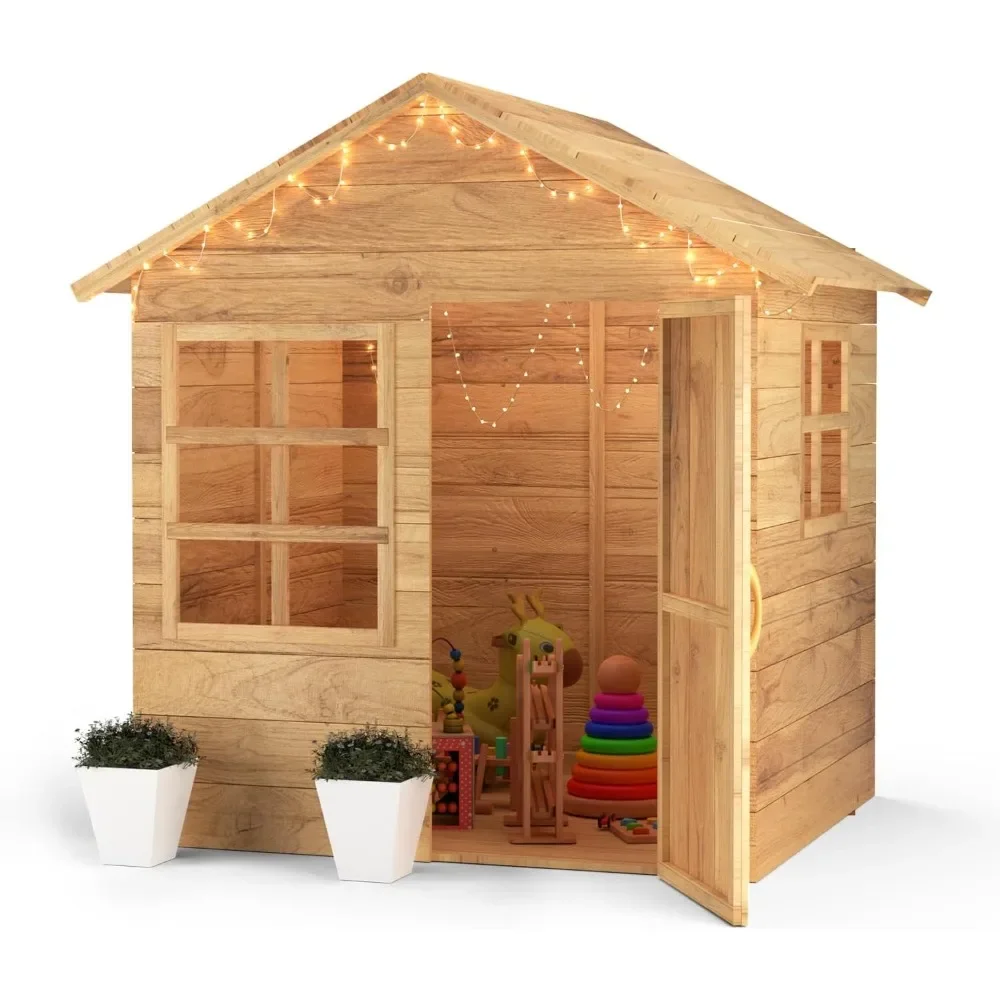 Wooden Playhouse with Floor, Working Door, Windows and Wooden Floor, Large Indoor Outdoor Playset for Kids