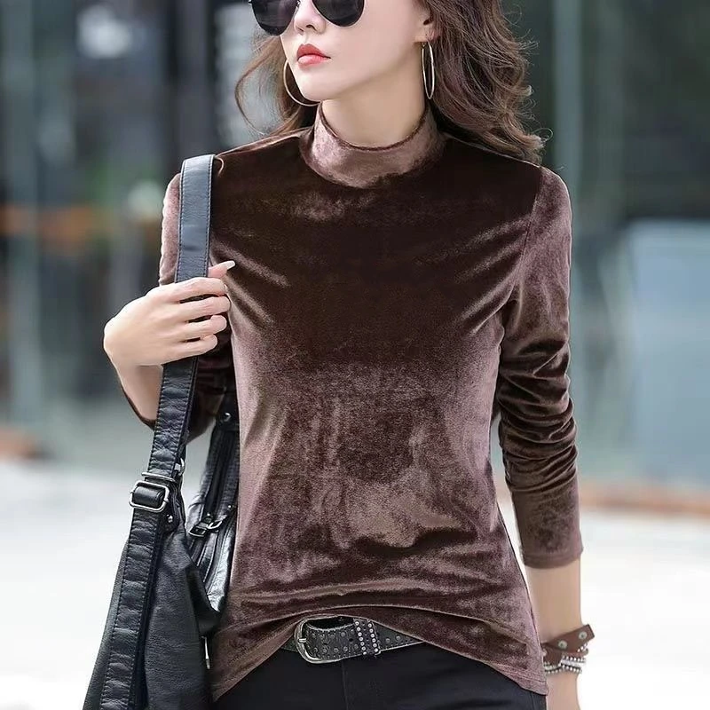 Gold Velvet T Shirts Autumn Winter Long Sleeve Solid Slim Embroidery Letter All-match Vintage Tops Elegant Fashion Women Clothes