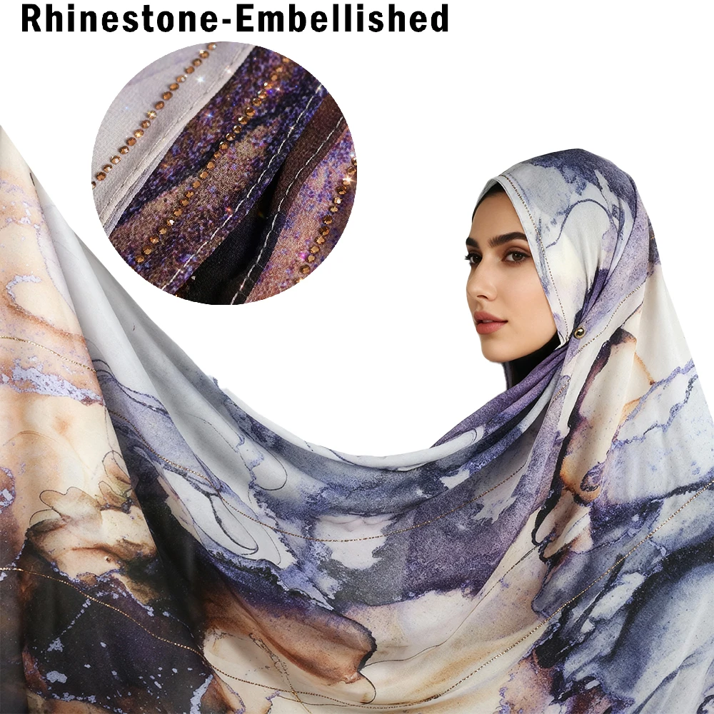 حجاب ذو تأثير رخامي أنيق - زخرفة حجر الراين المتلألئة على شيفون زبداني ناعم، تصميم ألوان مائية باللون الأزرق والأرجواني والبني #1