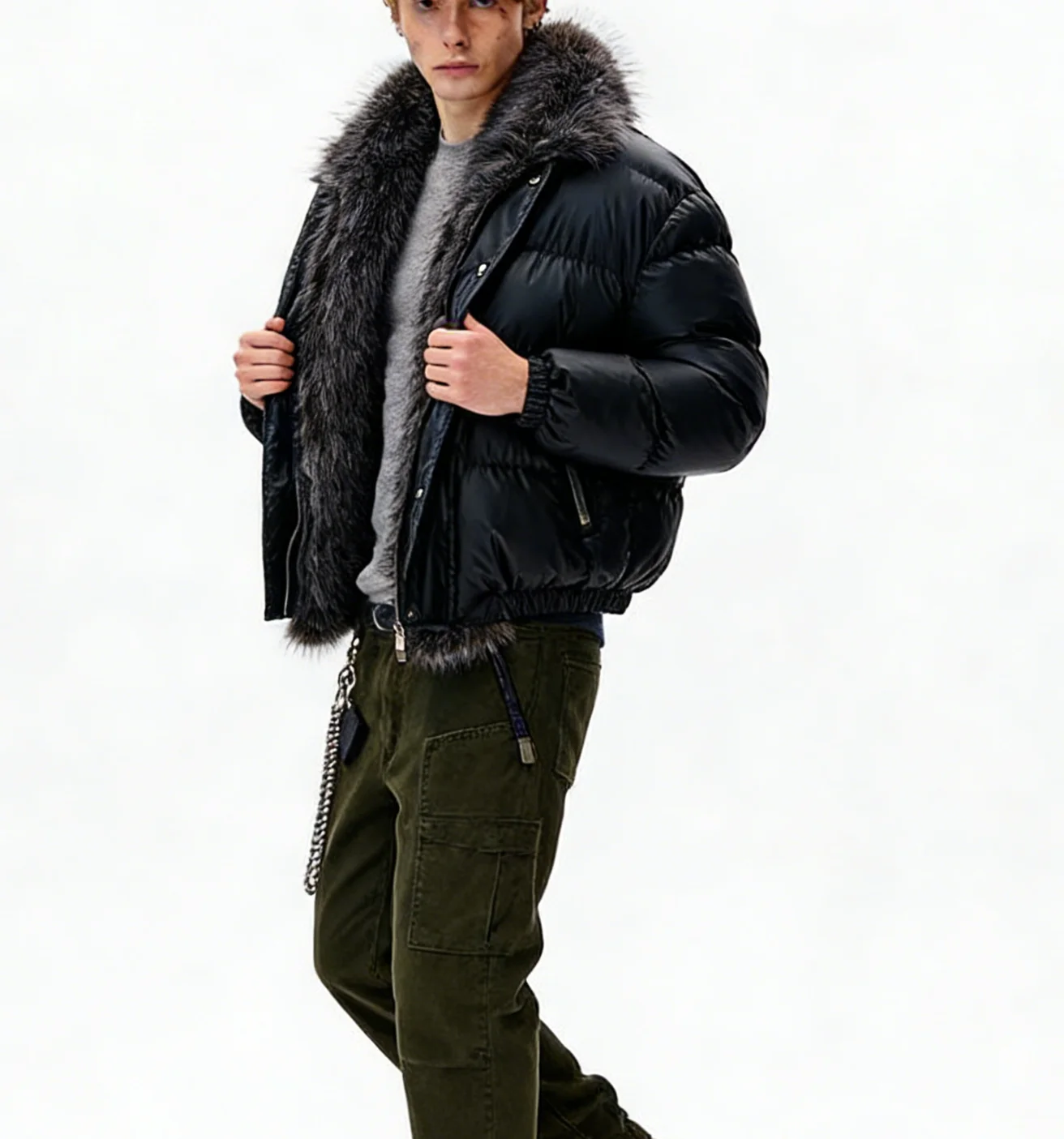 

Меховой воротник на капюшоне Мужские кожаные куртки в стиле панк-рок для ночного города, теплые, с мягкой подкладкой, на осень-зиму, черные, серебристые