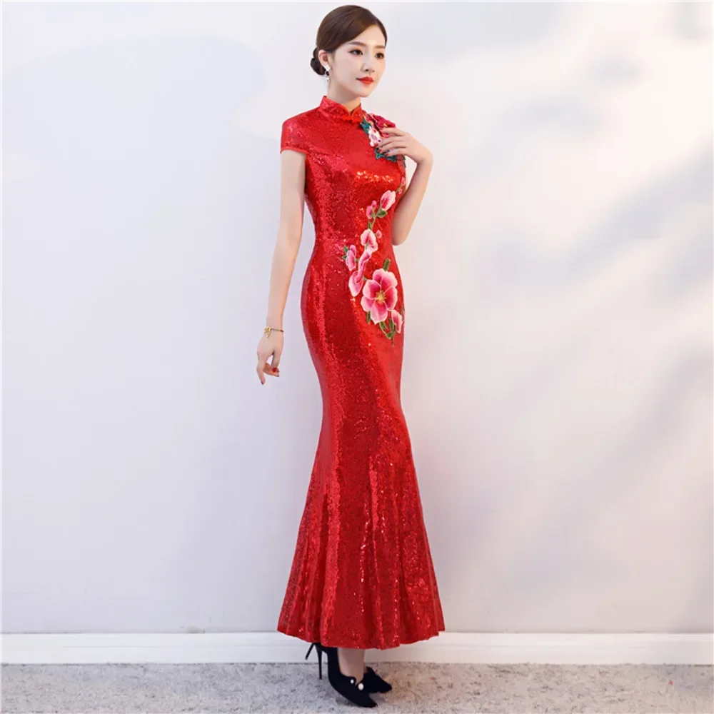 chinese new year women clothes embroidery long dress red chinese mermaid tail wedding Sequin cheongsam qipao plus Size hanfu