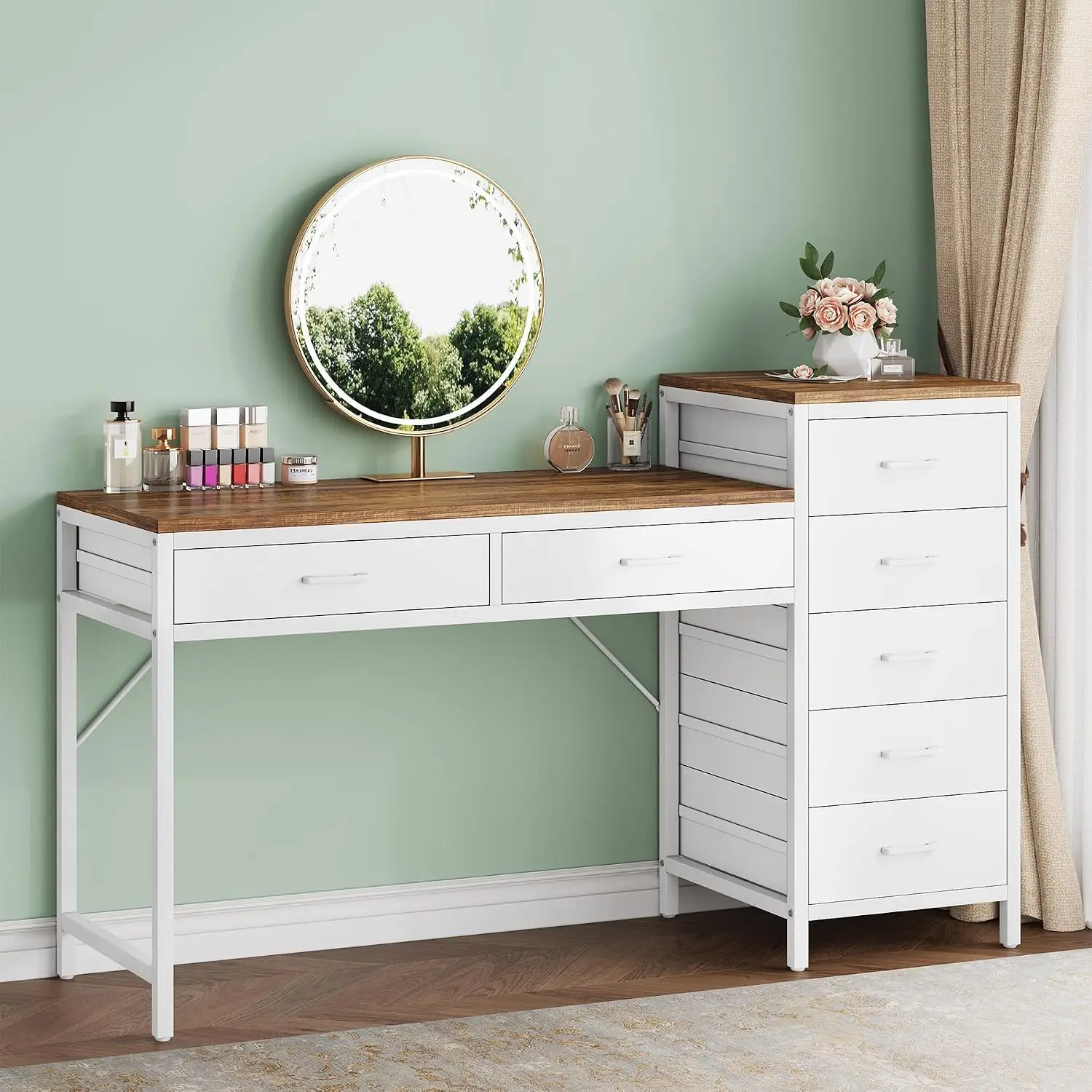 55 in Vanity Desk with 7 Drawers, Reversible Drawer Makeup Table for Women Girls Bedroom Dressing, White Brown, Customized