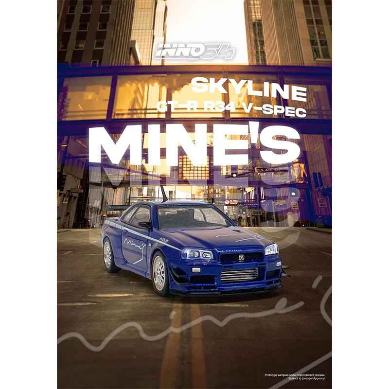 PreSale INNO 1:64 Skyline GTR R34 V Spec Tuned Mine`s Blue Diecast Diorama Car Model Collection Miniature Toys