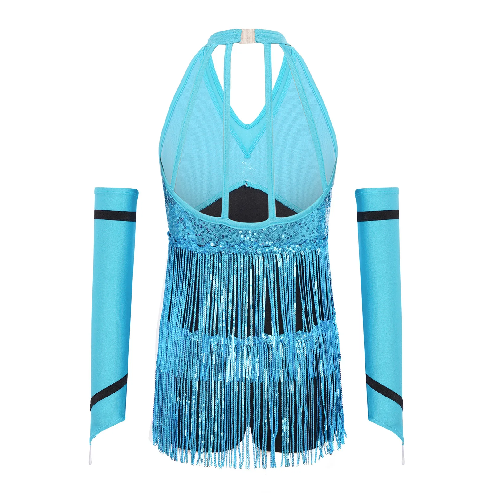 Girls Latin Jazz Dance Cha-cha Tango Samba Rumba Ballroom Bodysuit Halter Shiny Sequins Tassel Leotard with Gloves Dancewear