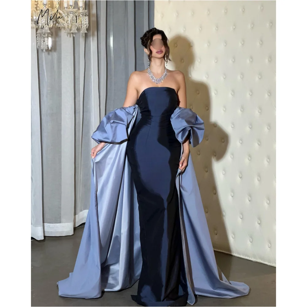 

Mila Blue Shawl Prom Dresses Sheath Strapless Sleeveless Customized Formal Evening Luxurious Cathedral Train vestidos de fiesta