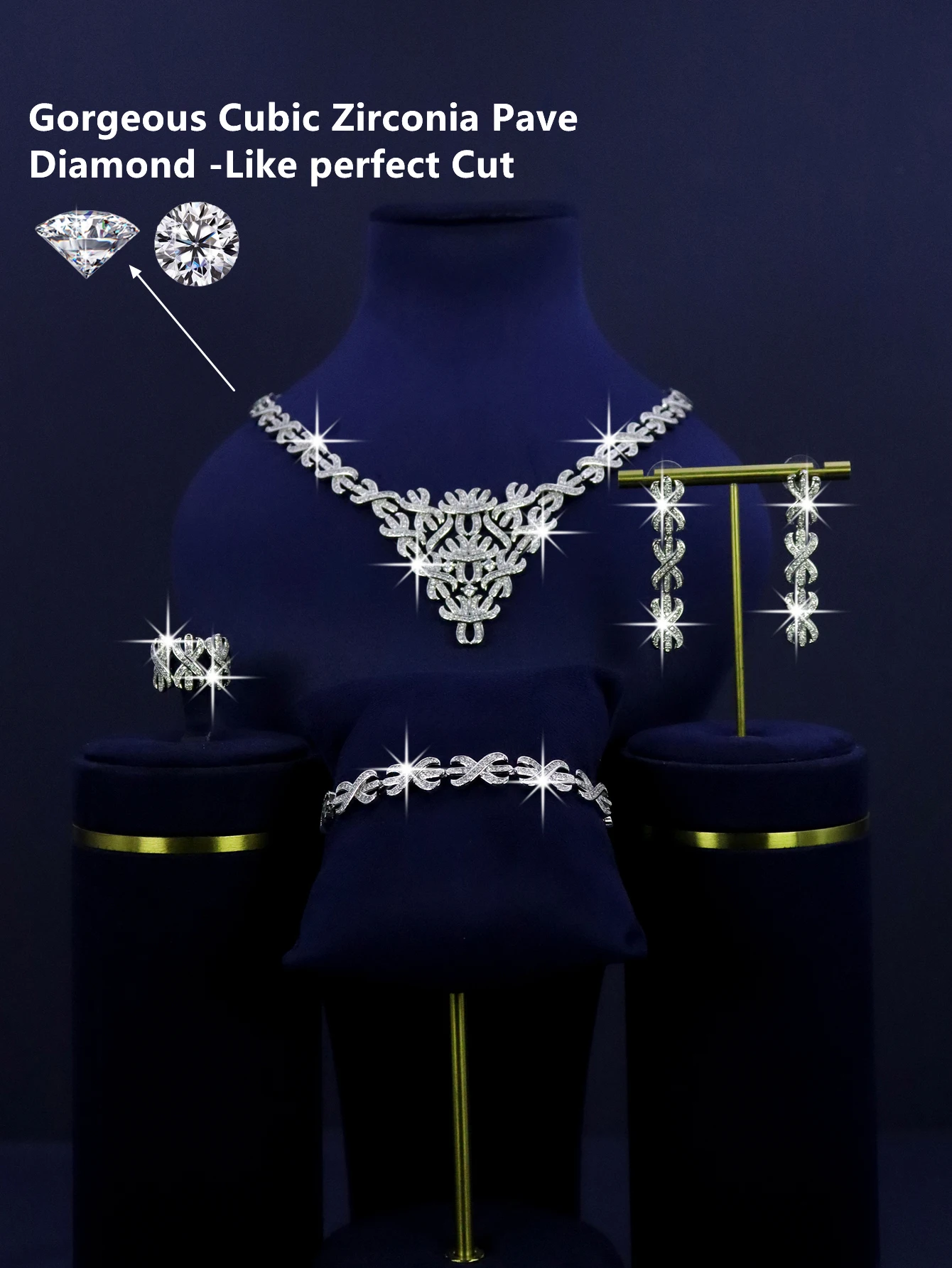 5 قطع من المطلية بالبلاتين، تصميم شرابة على شكل حرف V لموسم الزفاف بما في ذلك القلادة والأقراط والسوار والخاتم والإنلا