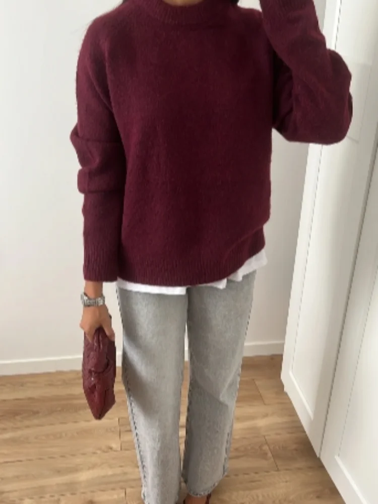 Women\'s Knitted O-neck Wine Red Casual Pullover Solid Color Long Sleeved Autumn Sweater Ladies Warm Commute High Street Knitwear