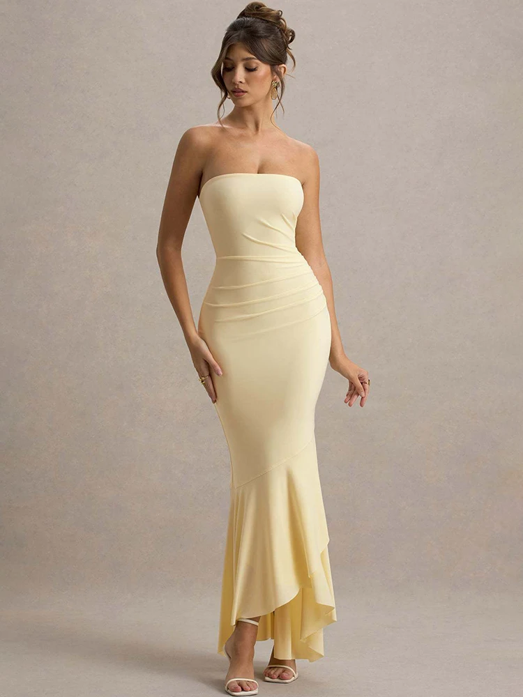 

Mozision Off-shoulder Strapless Sexy Maxi Dress Women Fashion Elegant Sleeveless Backless Bodycon Pleated Club Party Long Dress