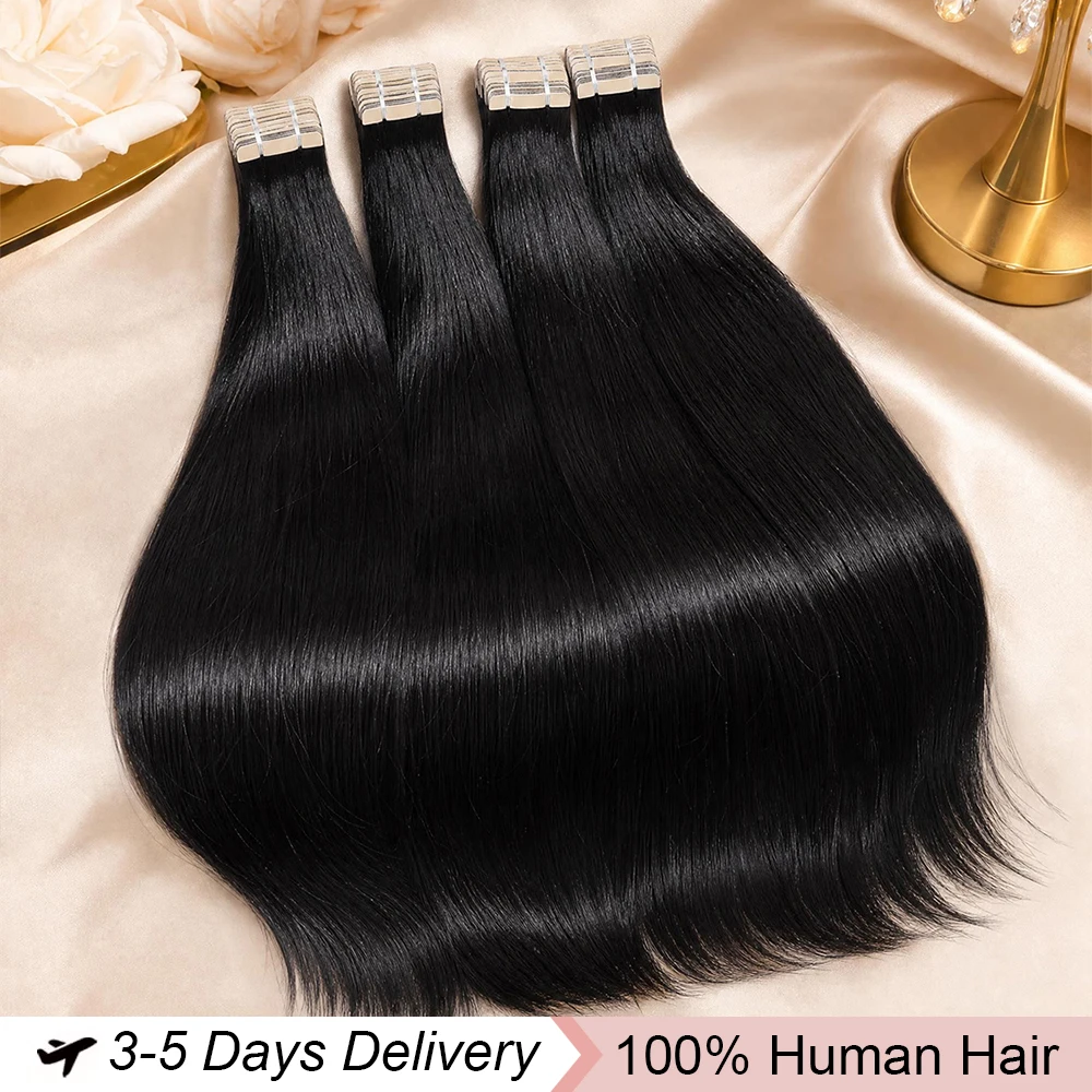 1B Black Color Tape In Hair Extensions 100% Human Hair 21Pcs/Pack Invisible Seamless PU Skin Weft No Weft Raw Hair Extensions 16-22 Inch Adhesive Tape Ins Hair Extension Daily Wear Add Fuller Ends Human Hair For Women