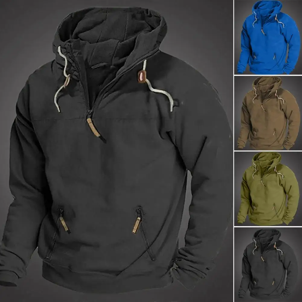 

Men Hooded Sweatshirt Winter Sports Hoodie Men's Solid Color Zipper Neckline Sweatshirt with Hood Pockets Ideal for Gym Running