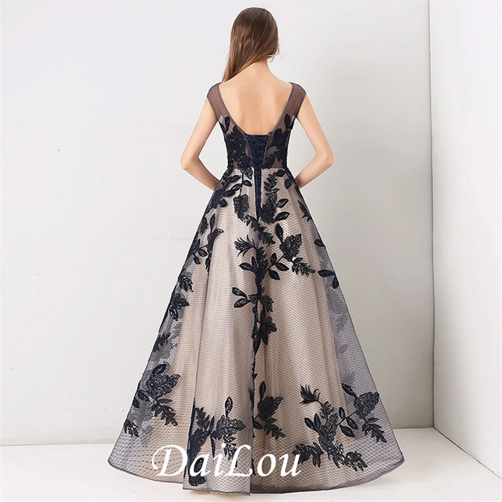 A-line Cap Sleeves Floor-Length Lace Appliques Tulle Long Evening Dress 2022