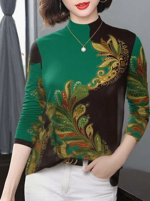 

Thickened Fleece Long Sleeve Printed Half High Collar Mommy Women's Autumn Spring Thermal Top Standard Polyester Fiber Warmth...
