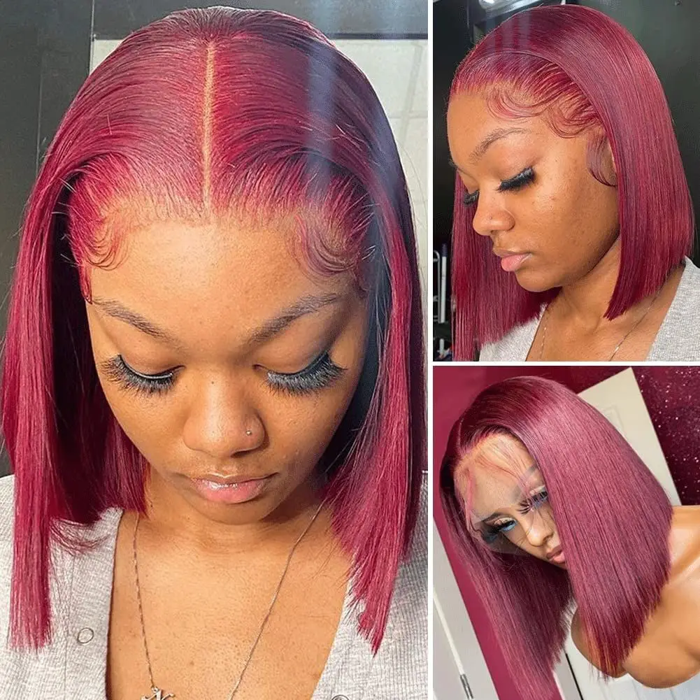 200% 13x6 Burgund HD transparente kurze Bob Echthaar Perücken Farbe 99j rote Knochen gerade Spitze Front Perücke für Frauen vor gezupft