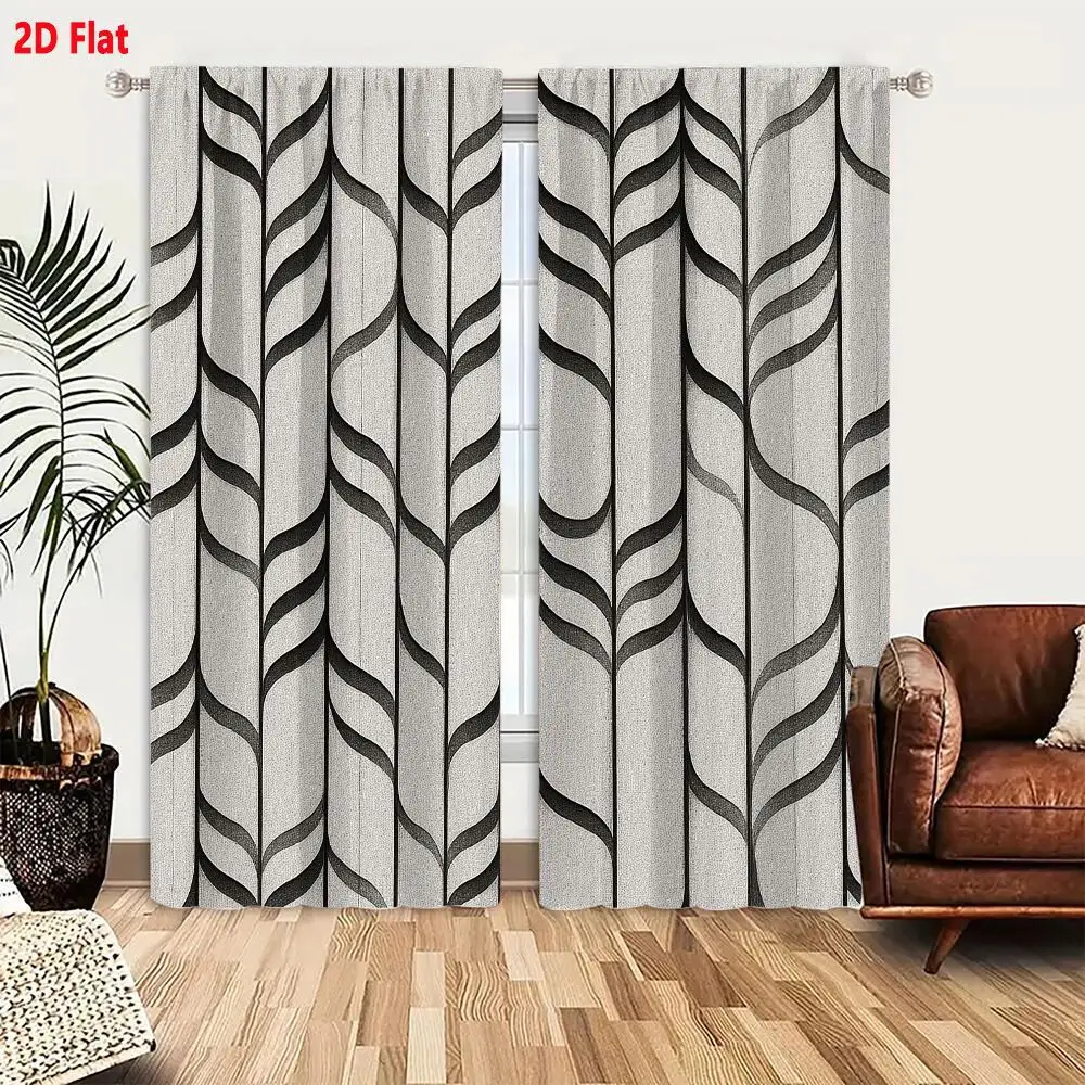 2Pcs Curtains 2D Flat Monochromatic Art Deco Geometric Pattern With Vertical Columns Of Stylized Abstract Fern Fronds And Feathe