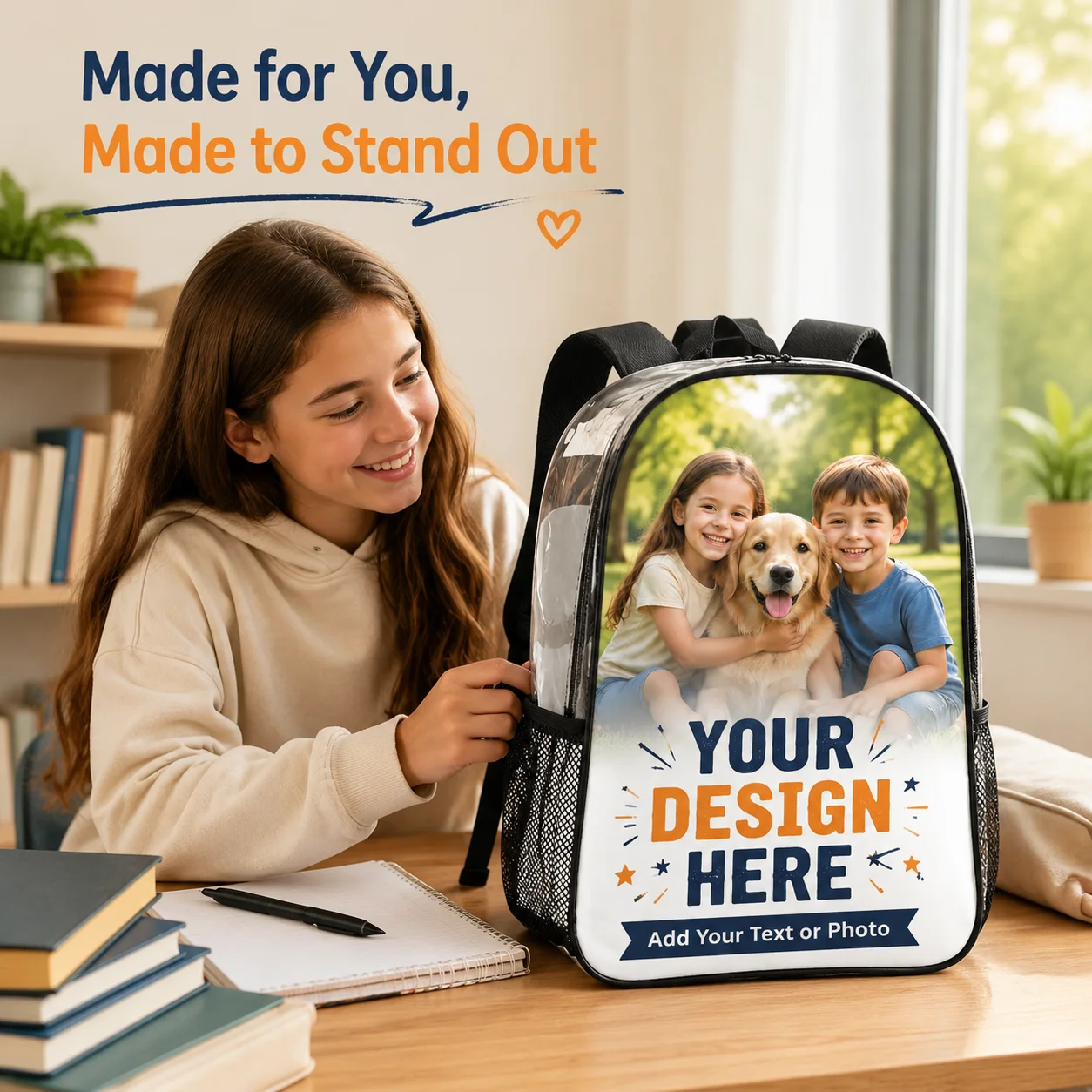 Clear PVC Custom Image Backpack DIY Print Stadium Concert Approved Breathable Strap Side Mesh School Bag