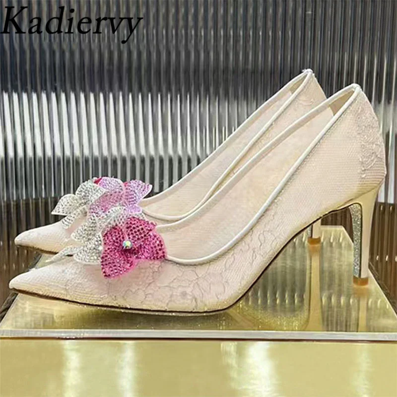 

Spring Autumn High Heels Shoes Woman Rhinestone Flower Wedding Shoes Pointed Toe Slip-on Stiletto Mesh Hollow Outs Women Pumps