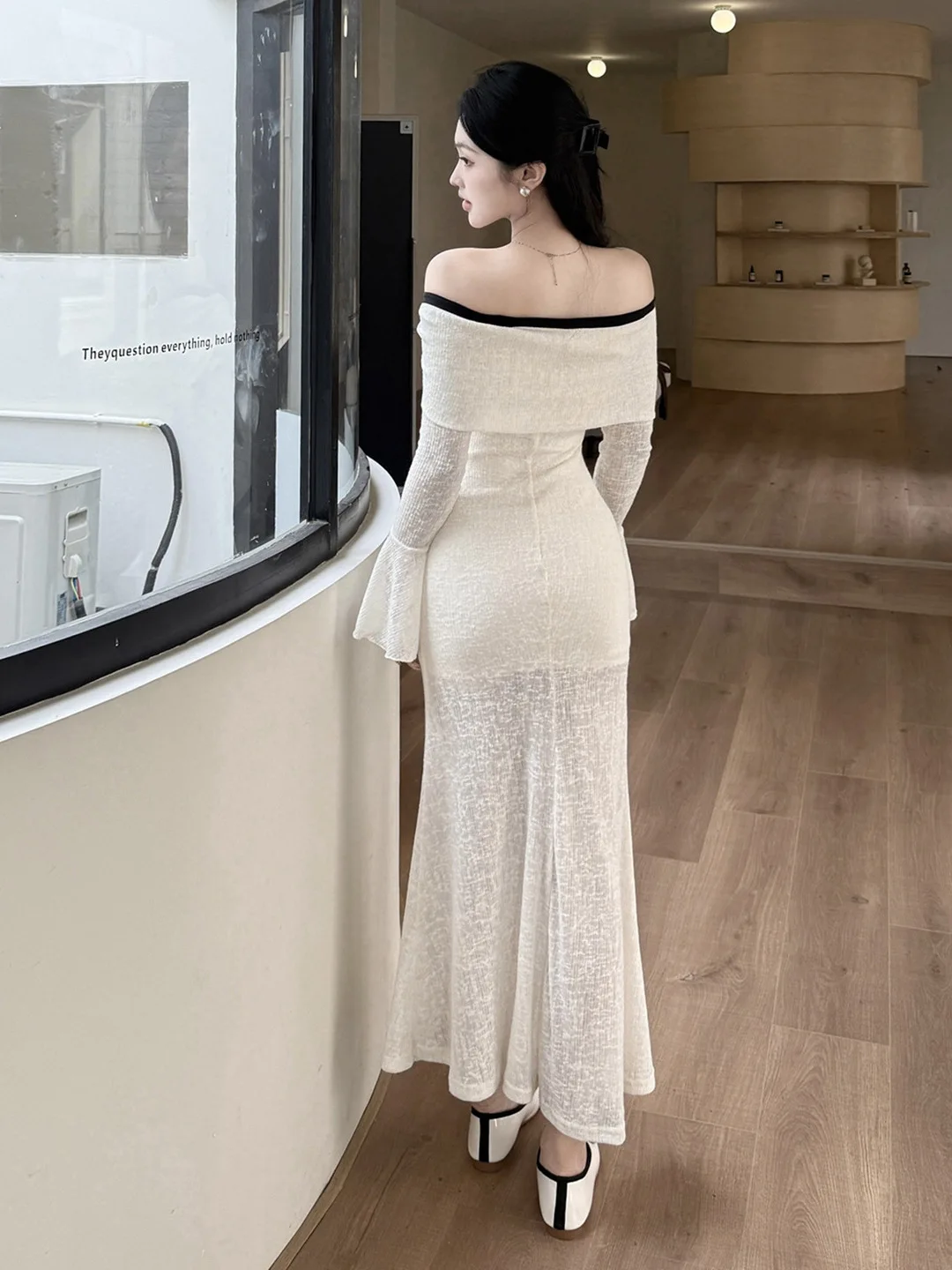 フランス製 オフショルダー レース スプライス ホワイト ボディコン マキシドレス シック セクシー ワンショルダー ベルスリーブ フォーマル パーティー ガウン ローブ