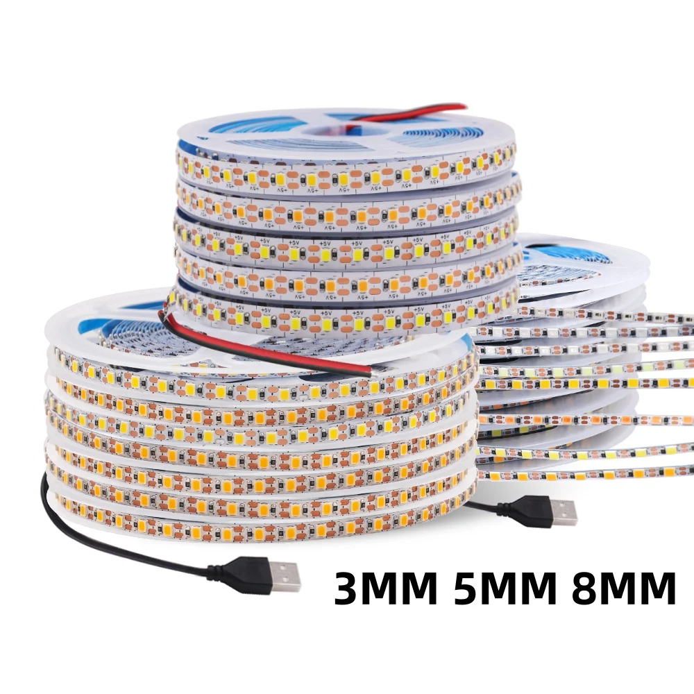 USB Dimmable LED Strip Light DC5V 3MM 5MM 8MM PCB Width Flexible Rope Tape  2835 120LEDs/m TV Backlight Cold Natural Warm White