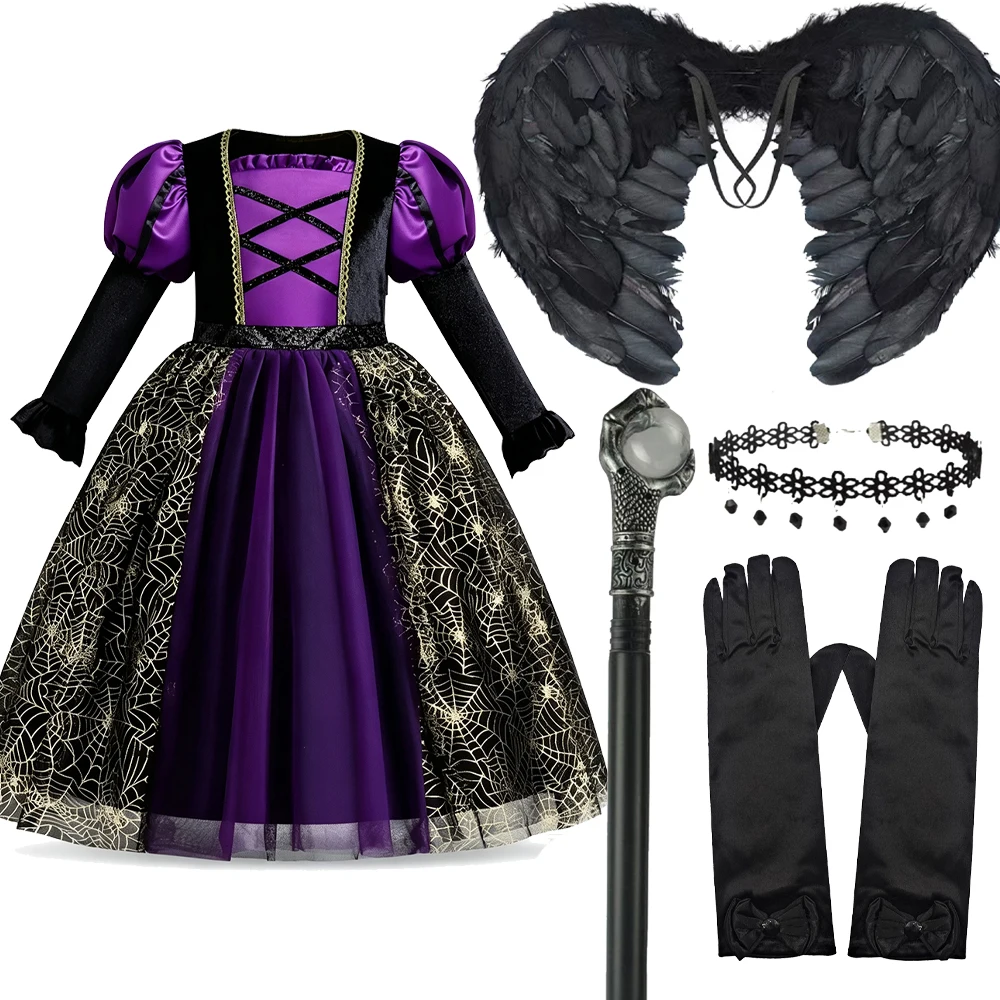Halloween-Hexenkostüm für Mädchen, schwarzes, lila, langes Kleid mit langen Ärmeln, für Kinder im Alter von 2-10 Jahren, Karneval, Maskerade, Bühnen-Cosplay, Partykleid – Detail 9