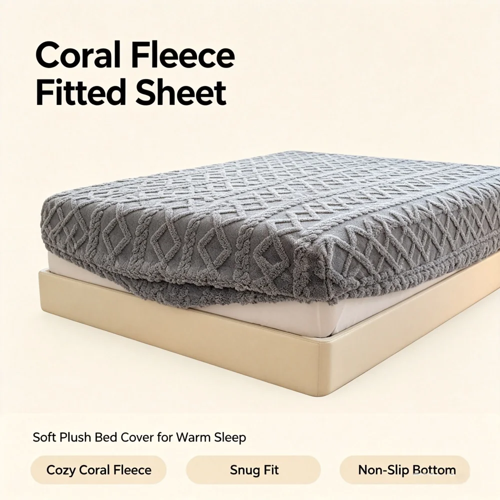 1pc Winter Warm Bed Sheet with Elastic Band Single/Queen/King Mattress Cover Thick Coral Fleece Fluffy Fitted Bed Sheets for Bed