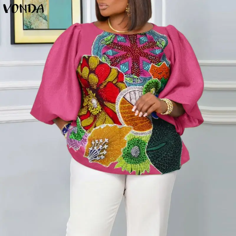 Plus Size 5XL VONDA Women Fashion Blouse Long Puff Sleeve Floral Print Shirts Casual Loose Tunic Tops Bohemian Oversized Blusas