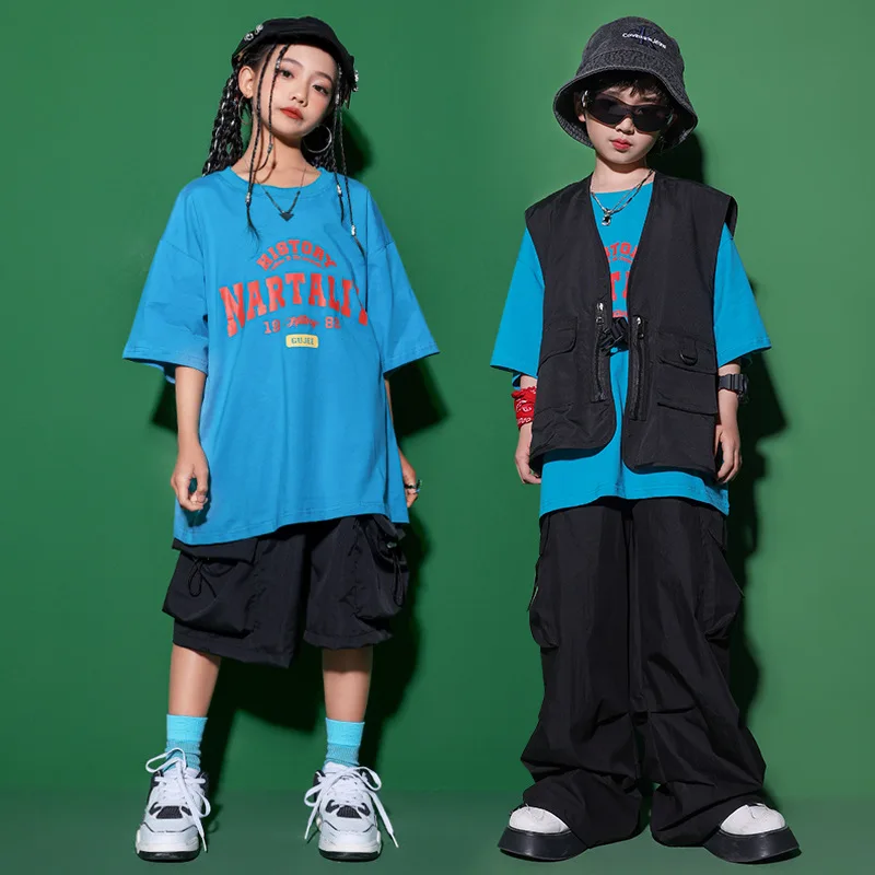 

Kid Hip Hop Clothing Black Sleeveless Jacket T Shirt Casual Drawstring Cargo Pants Shorts for Girl Boy Dance Costume Clothes