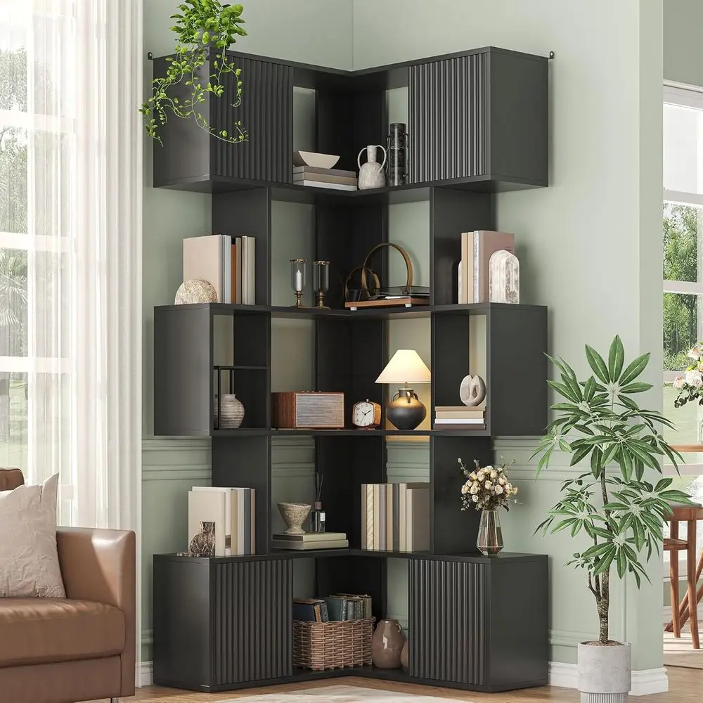 

L-Shaped 71 Inch 5-Tier Wooden Bookshelf for Living Room, Home Office, or Bedroom Display, Black