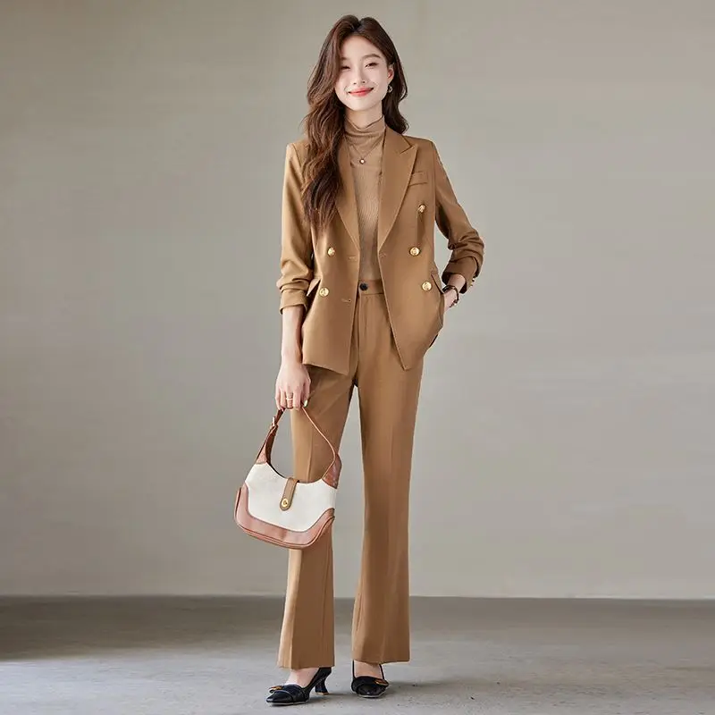 

Insozkdg Autumn Winter Fashion Office Pants 2 Piece Set New Solid Color Slim Fit Suit Collar Double Breasted Women Pant Suits