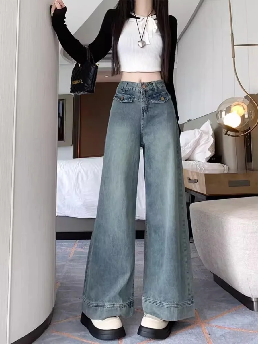 

High Waist Wide Leg Denim Jeans Women's Spring Autumn Loose Slim Straight Large Size Sexy Vintage Draping Floor-Length Skirt ...