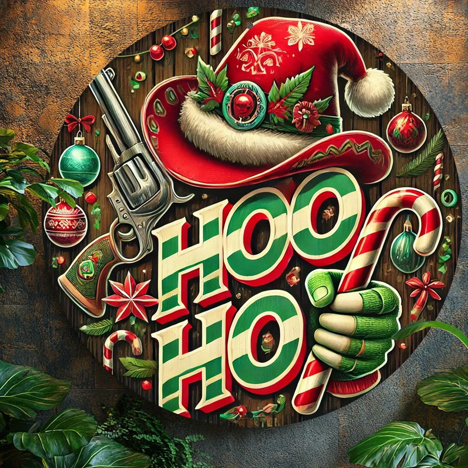 2D flach – 1 Stück rundes Kranzschild im Vintage-Stil HO HO-Thema – 20,32 x 20,32 cm, Wanddekoration aus Aluminium und Metall mit Weihnachtsmütze, Bonbons und Ging