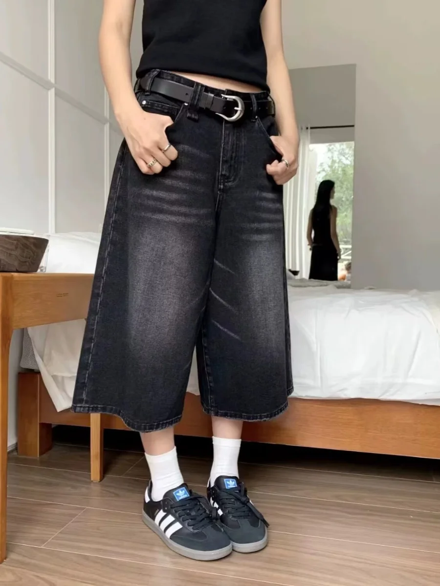 Denim Shorts Women Summer New Plus Size High Waist Wide Leg Three-quarter Black Washed Loose Casual Straight Trousers All-match