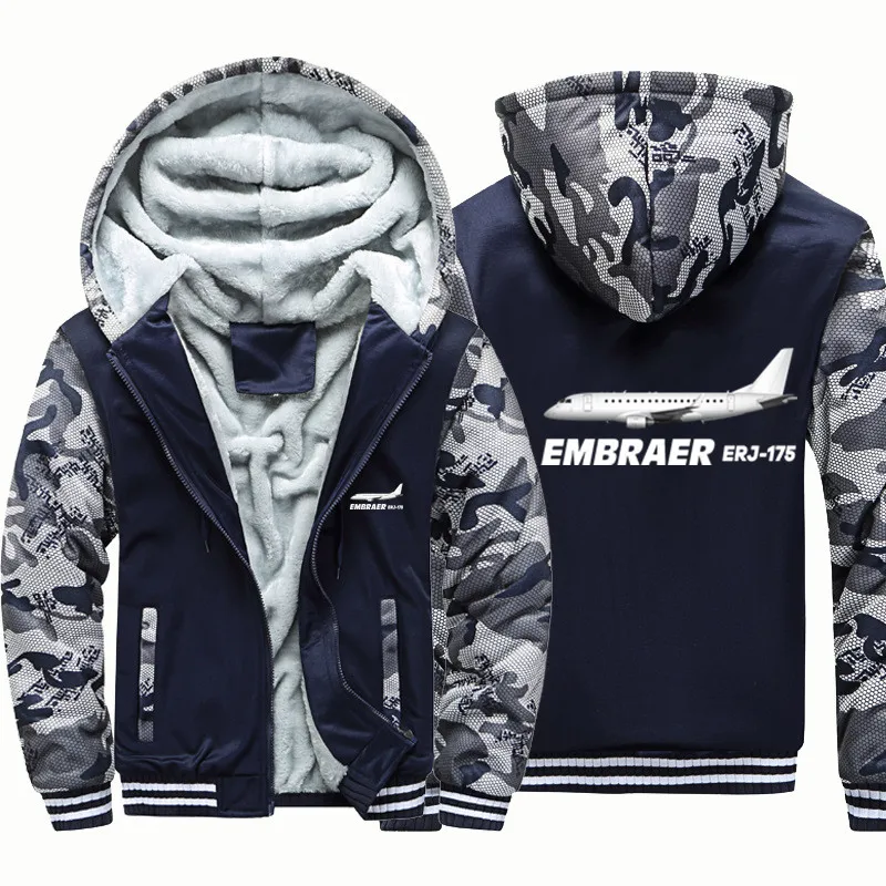 New Aviation Pilots Flight The Embraer ERJ-175 Wool Fleece Warm Zipper Hooded Thick Hoodies Sweatshirts Men Coat Jackets