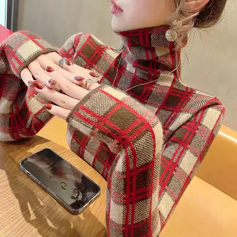 Autumn Winter Fashion All-match Plaid Long Sleeve Sweaters Women Clothing Vintage Slim Turtleneck Knit Pullovers Office Lady Top