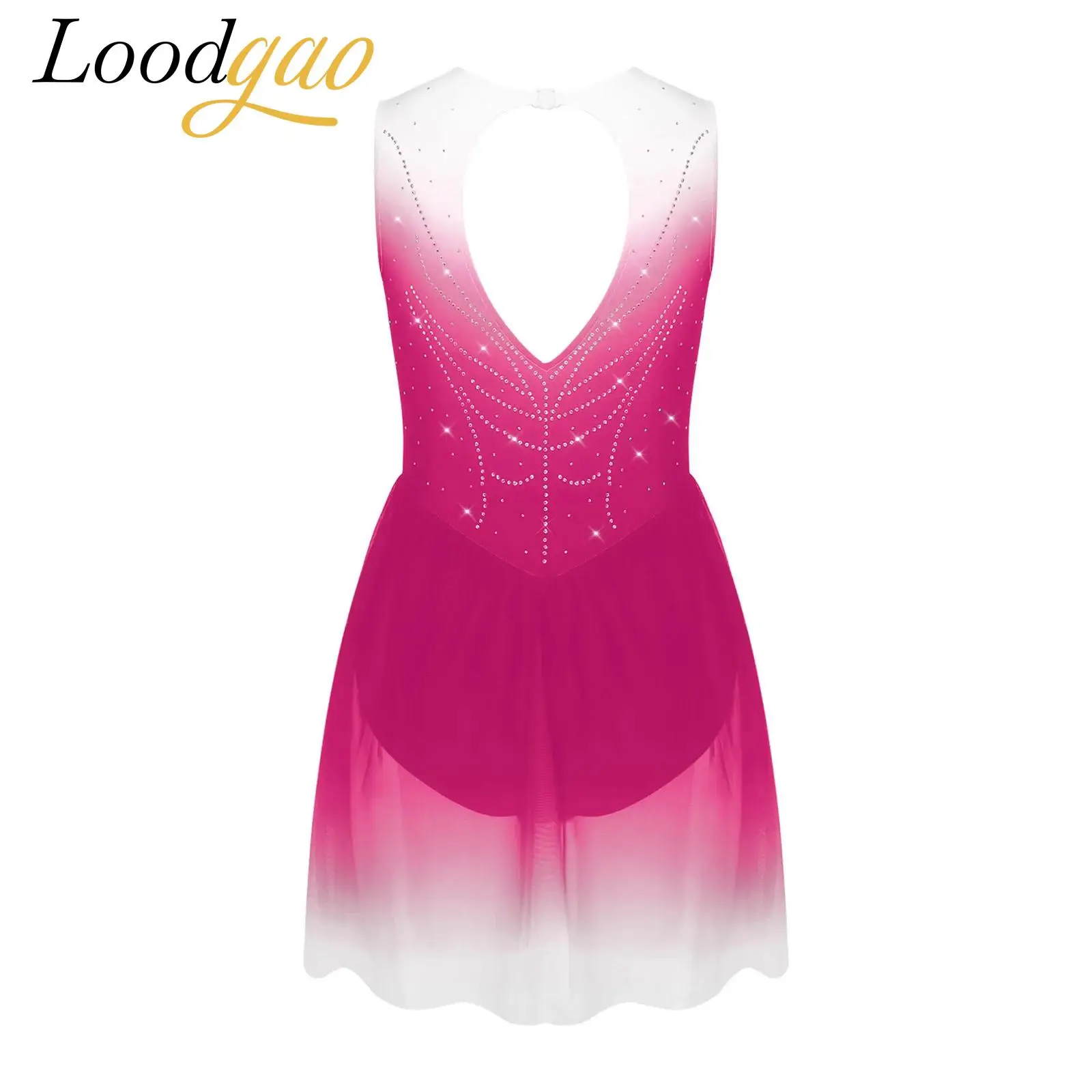 Kids Irregular Mesh Gymnastics Leotard Ballerina Outfit Ballet Dress Rhinestones Sleeveless Girls Figure Skating Dress Gradient
