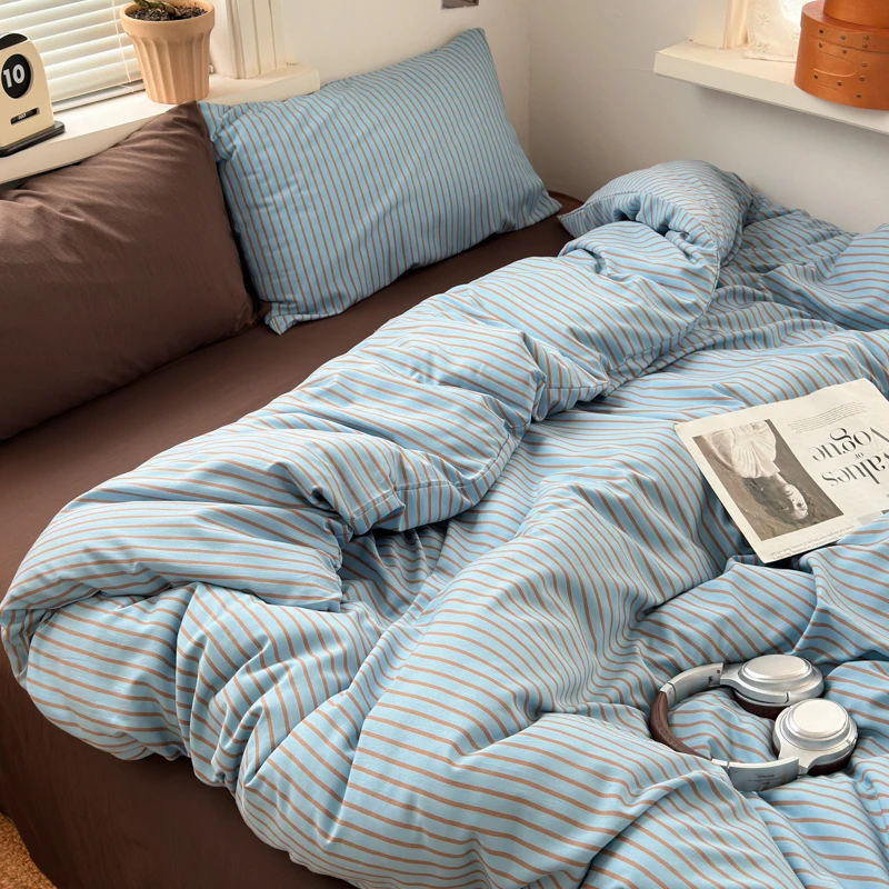 Soft Washed Cotton Bedding Set Blue Brown Stripe Duvet Cover Set With 2 Pillowcases For Daily Bedroom Decor Twin Queen No Sheet