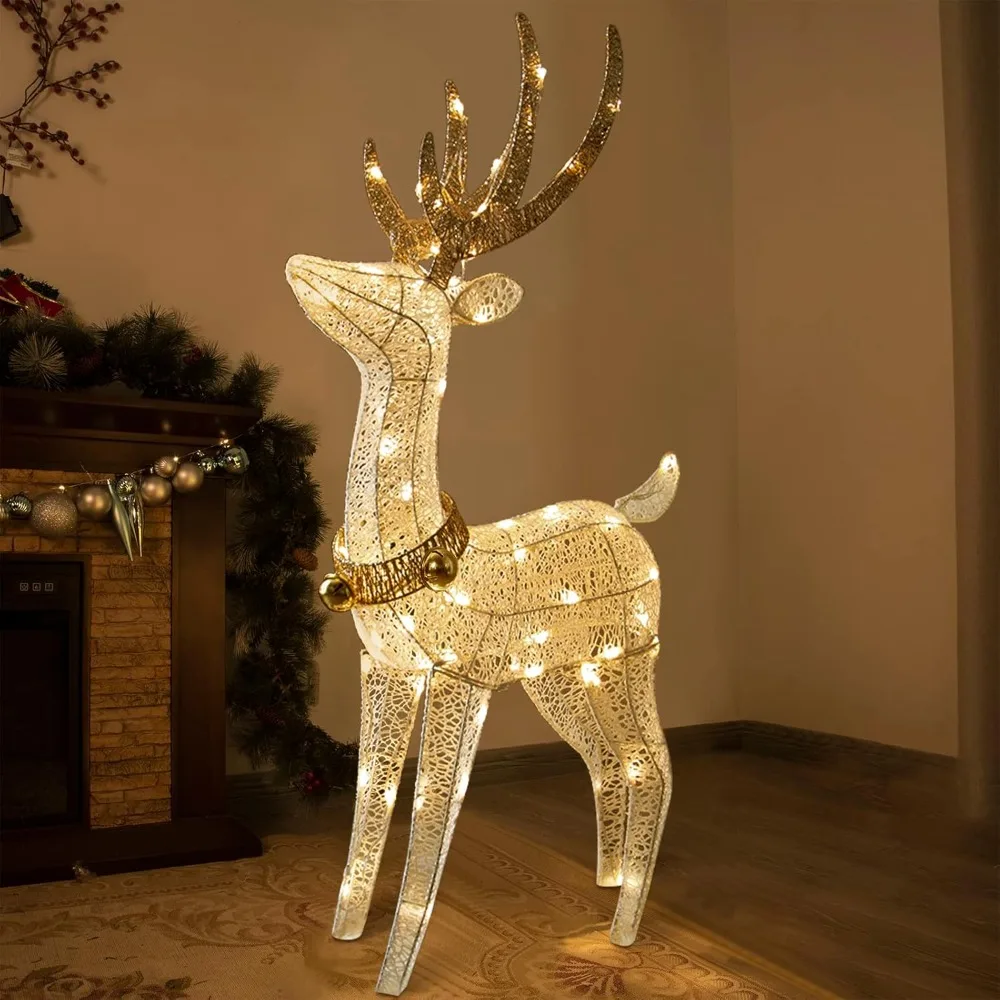 Christmas Reindeer Outdoor Decorations, Lighted Reindeer Yard Decorations with 70 Warm White Lights, 3D White Deer