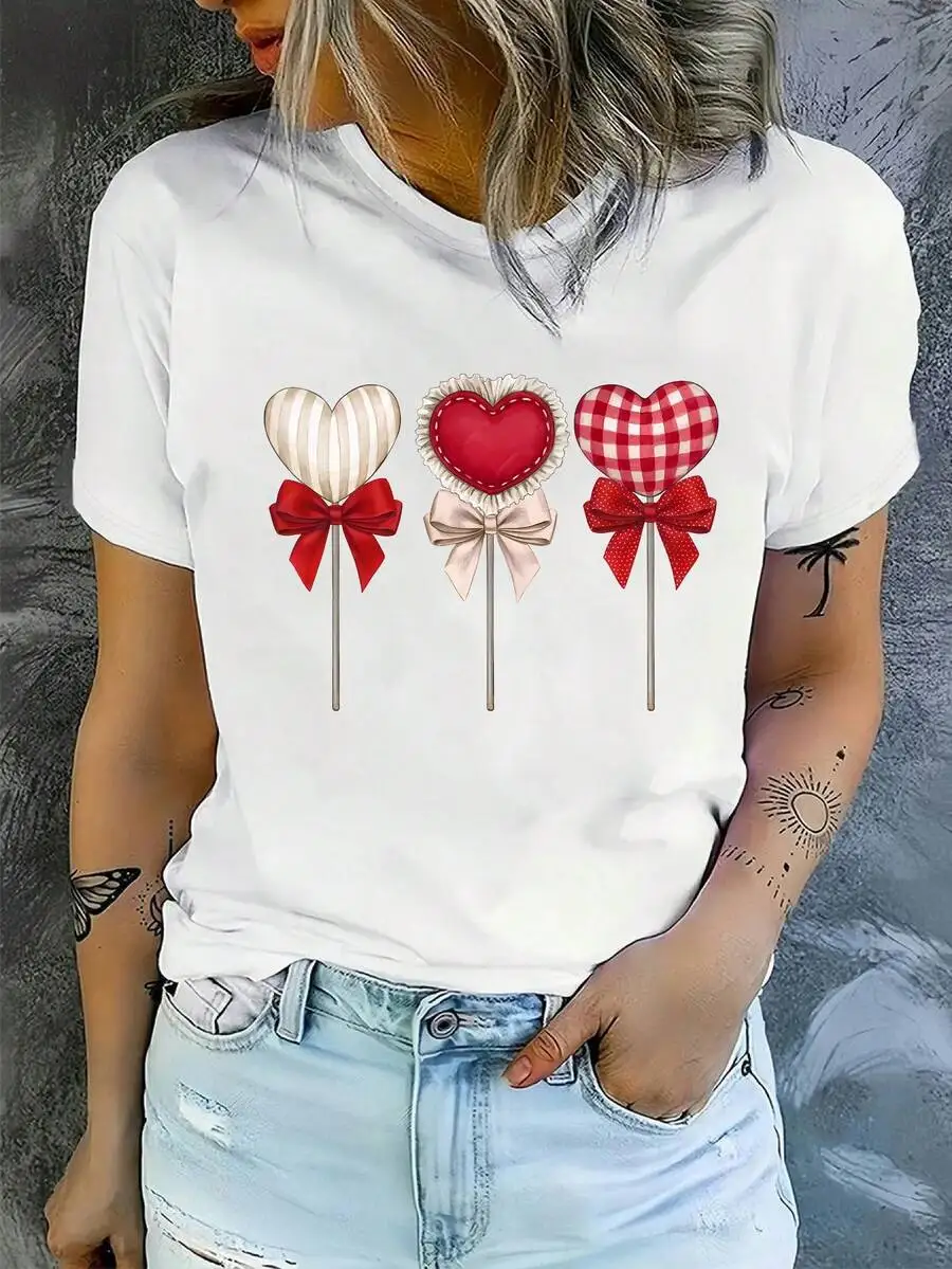Women's Crew Neck Short‑Sleeve Graphic T‑Shirt, Comic Heart Pattern For Valentine's Day, Fashion New Arrival, Casual Soft Holiday Daily Top For Women