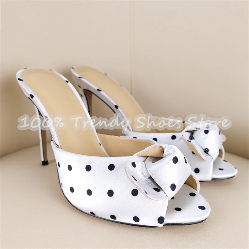 

Sexy Polka Dot Butterfly Knot Satin Stiletto Women Mules Sandals Peep Toe High Heel Summer Outside Slippers Ladies Pumps