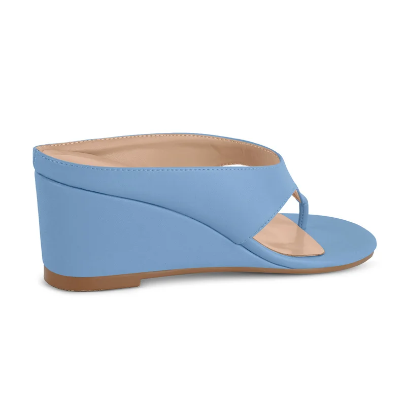 Onlymaker Women Round Open Toe Blue Thong Wedge Mule Sandals Slip On Slide Summer High Wedge Heel Flip Flop Sandals