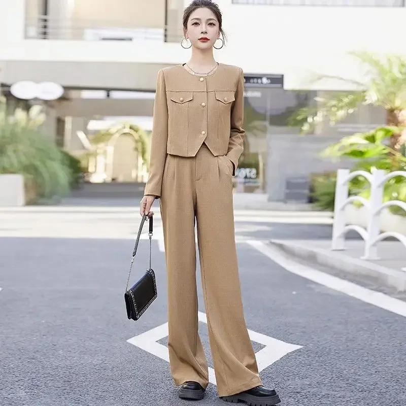 

Insozkdg Spring Small Fragrant Style Round Neck Blazer Coat Wide Leg Pants Set Commuter Solid Pocket Suit + Pants Two Piece Sets