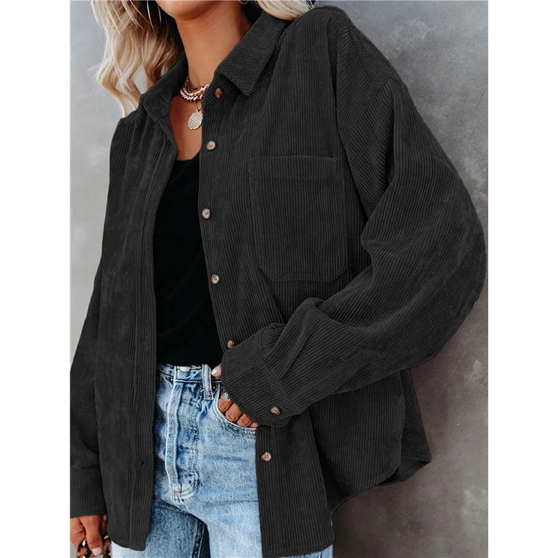 FX-Womens Corduroy Button Down Shirts Boyfriend Long Sleeve Oversized Blouses Tops