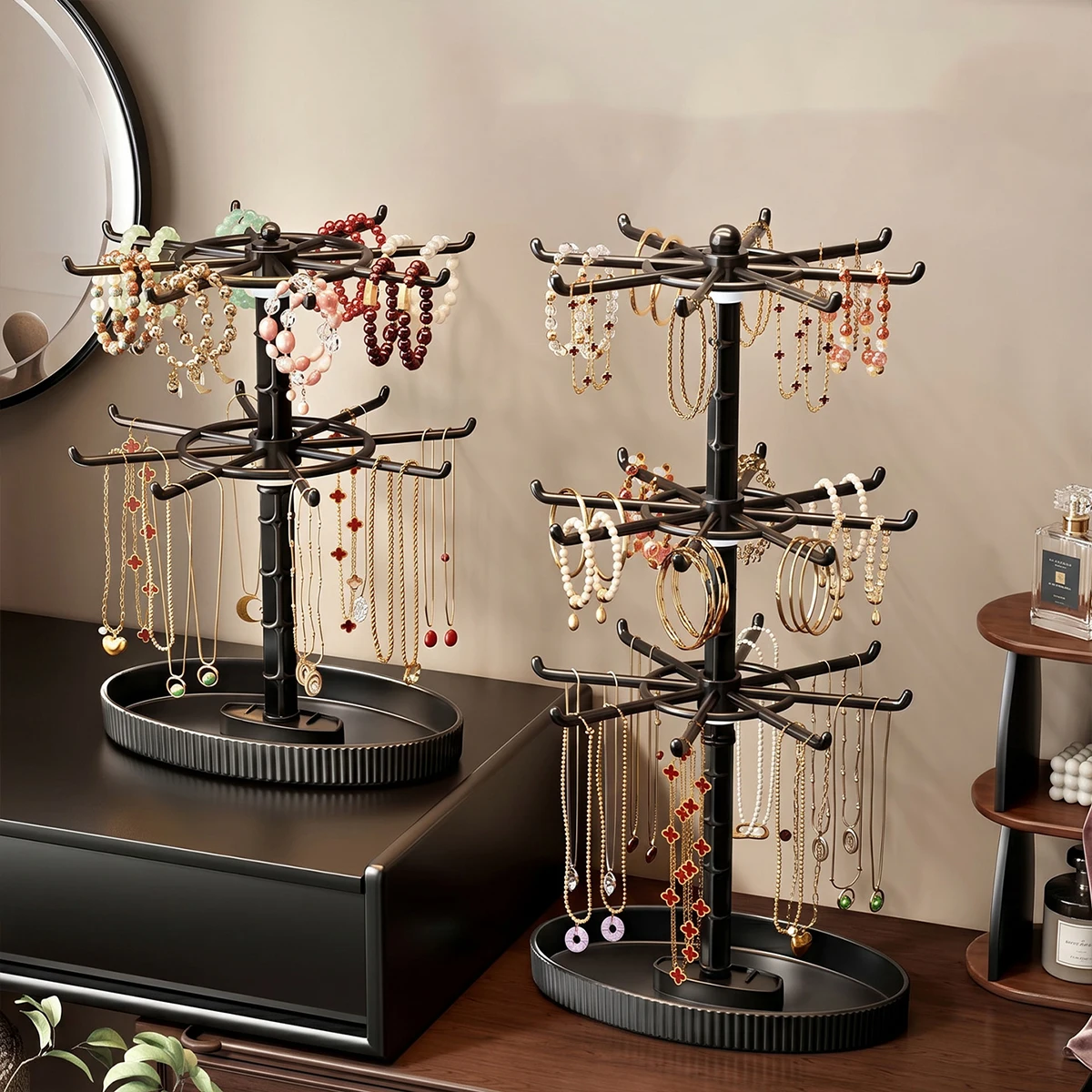 2pcs Rotatable Adjustable Portable 2-Layer/3-Layer Jewelry Display Rack Detachable Oval/Circular Necklace Bracelet Storage Rack